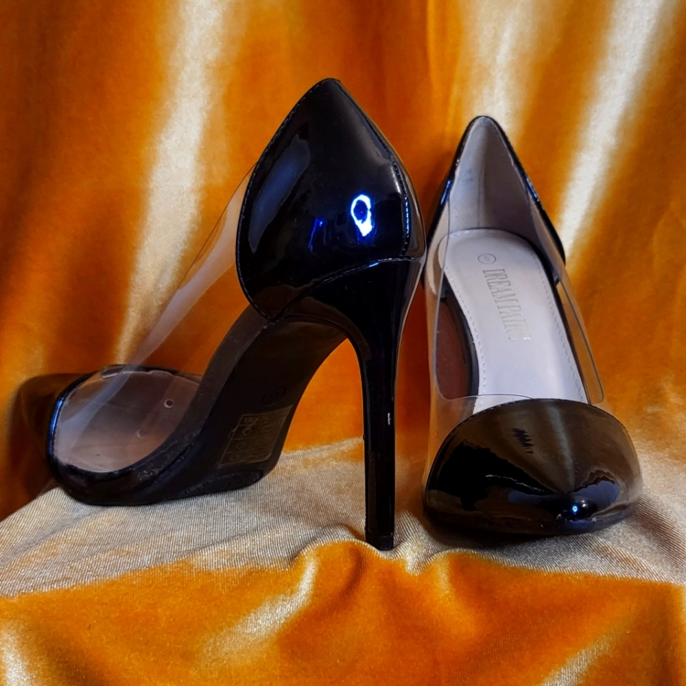 Womens Beautiful Black Patent Leather & Clear Size 6 Comfortable Pump Heels